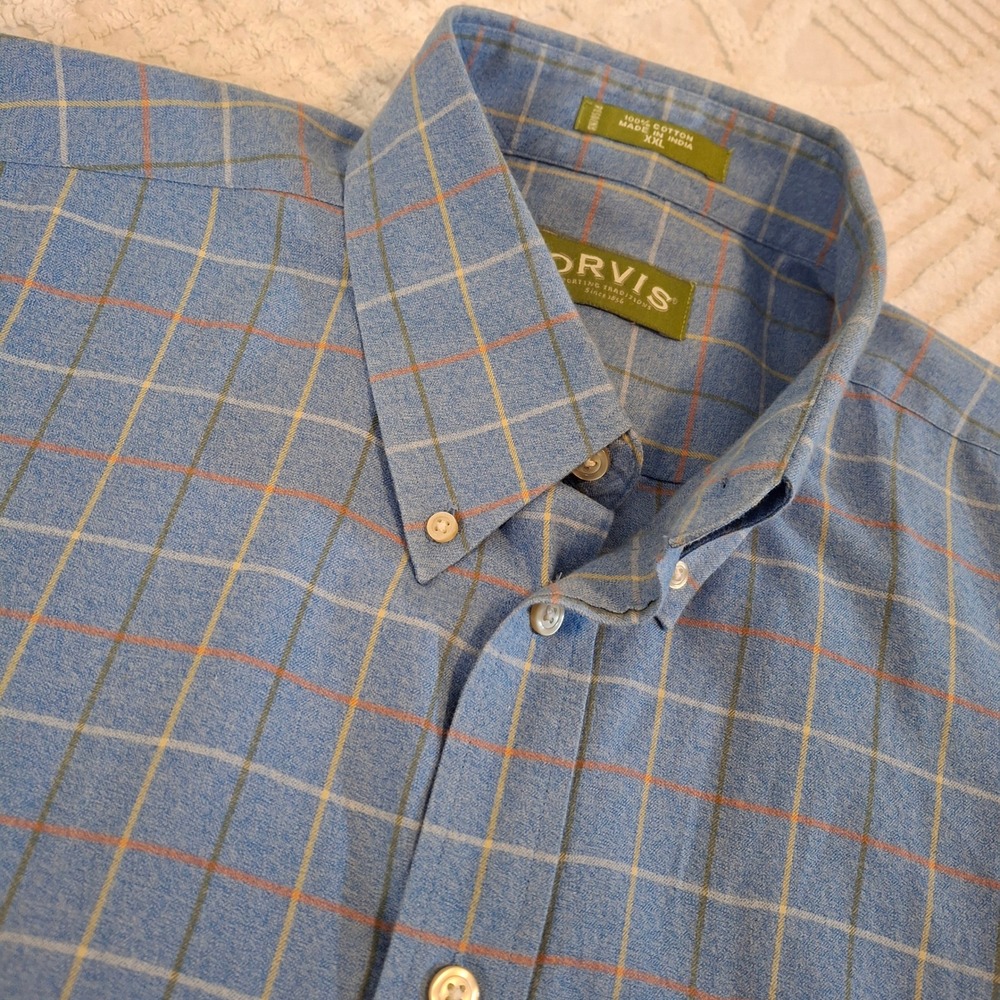Orvis Blue Plaid Button-Down Shirt with Tan and Yellow Windowpane